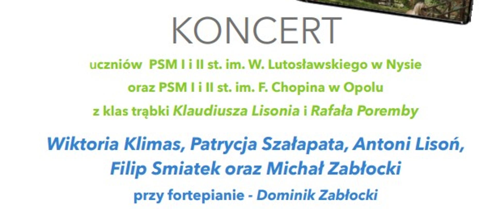 Plakat białe tło od góry napis czcionką pisaną dom artysty zapraszam poniżej zdjęcie złotej trąbki i rąk osoby grającej w białej koszuli z obrączką na palcu poniżej w prawym dolnym rogu zdjęcie domu artysty za drzewami jednopiętrowy budynek rozległy w kolorze piaskowym dach ciemny poniżej napis koncert uczniów PSM pierwszego i drugiego stopnia im Witolda Lutosławskiego w Nysie oraz PSM pierwszego i drugiego stopnia im Fryderyka Chopina w Opolu z klas Trąbki Klaudiusza i Sonia i Rafała Poręby Wiktoria Klimas Patrycja szałapata Antoni Lisoń Filip śmiadek oraz Michał Zabłocki przy fortepianie Dominik Zabłocki 30 marca 2025 godzina 16:00 sala przy domu artysty w parku Zdrojowym w Głuchołazach ul Parkowa 12 poniżej logo według ustalonych znaków przedsiębiorstwo społeczne oraz fundacja Benevolens