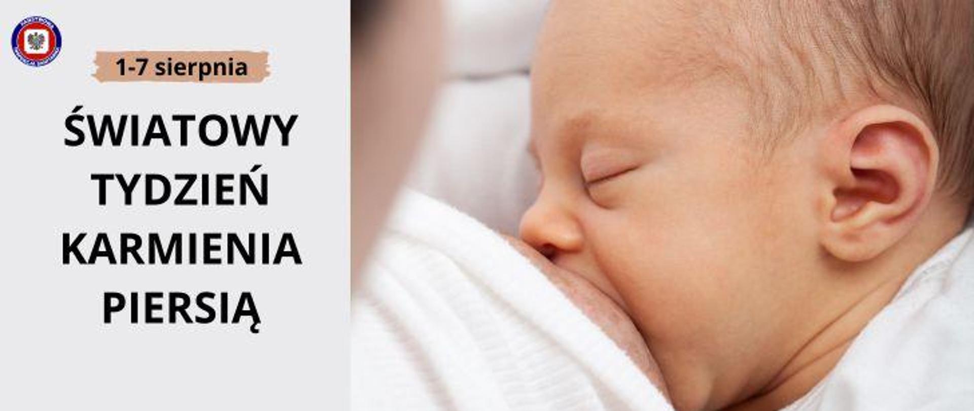 Po prawej noworodek ssacy pierś. Po lewej na jasnoszarym tle ciemny napis "Światowy Tydzień Karmienia Piersią" . Powyżej na brązowym polu ciemny napis 1-7 sierpnia. W lewym górnym rogu logo Państwowej Inspekcji Sanitarnej.