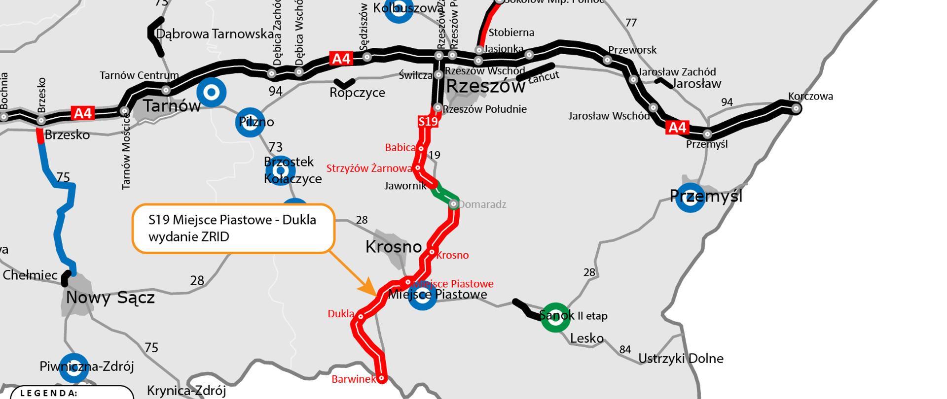 Mapa dot. wydanie ZRID dla S19 Miejsce Piastowe - Dukla, zaznaczony odcinek dla którego wydawany jest ZRID