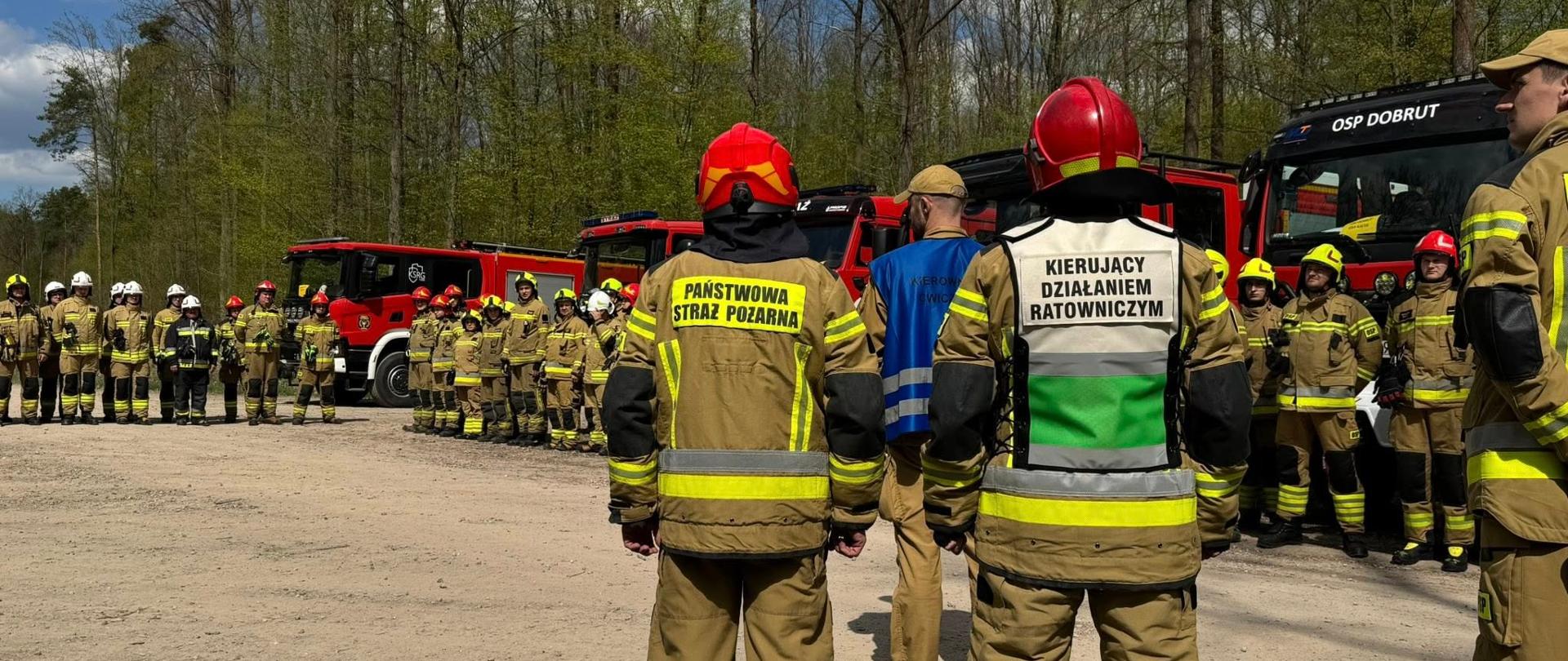Na drugim ujęciu przedstawiono większą grupę strażaków ustawionych w szeregu na leśnym placu. Wszyscy są ubrani w ochronne stroje i kaski, a przed nimi stoją dwie osoby dowodzące akcją – ich kamizelki mają widoczne napisy wskazujące funkcje kierownicze. Za nimi zaparkowane są wozy strażackie. Scena wygląda na odprawę lub organizację działań ratowniczych.