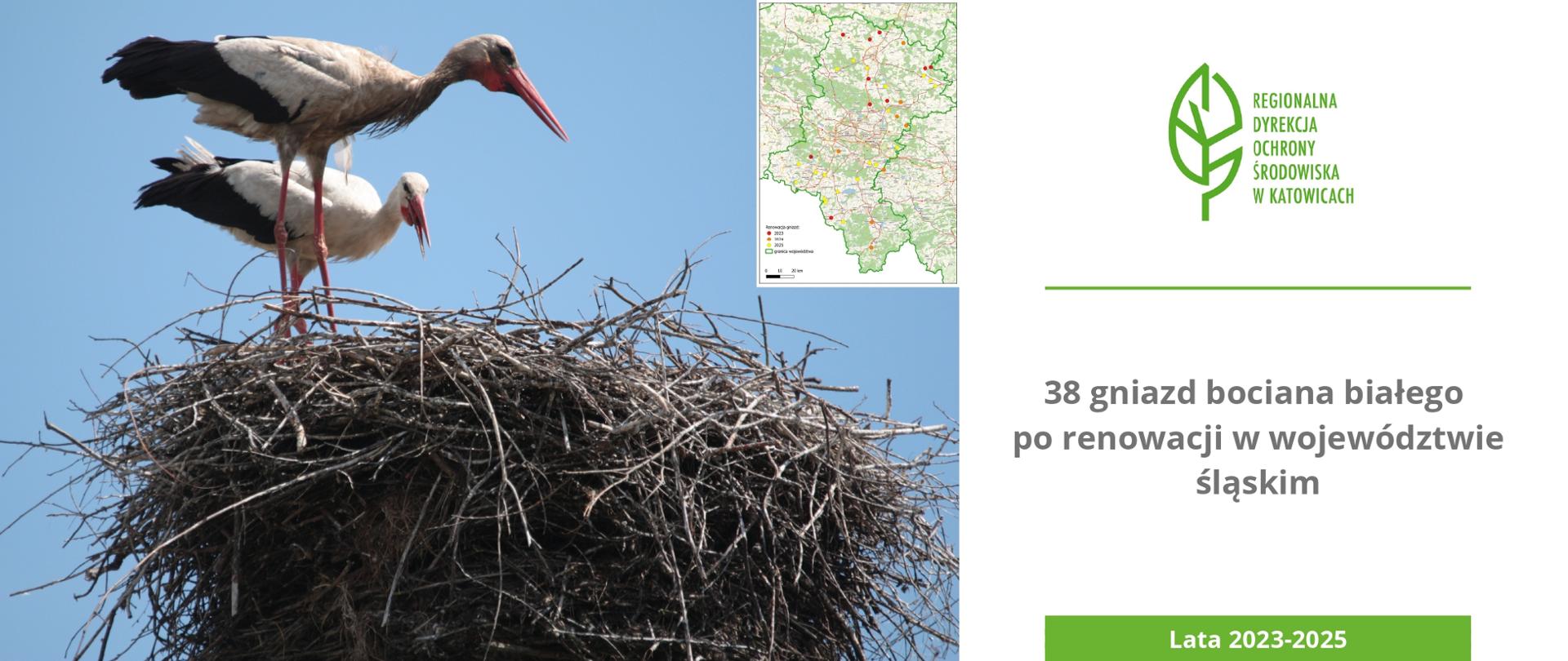 Grafika na stronę gniazdo bociana z ptakami, mapka i informacja z logo RDOŚ w Katowicach 38 gniazd bociana białego po renowacji w województwie śląskim