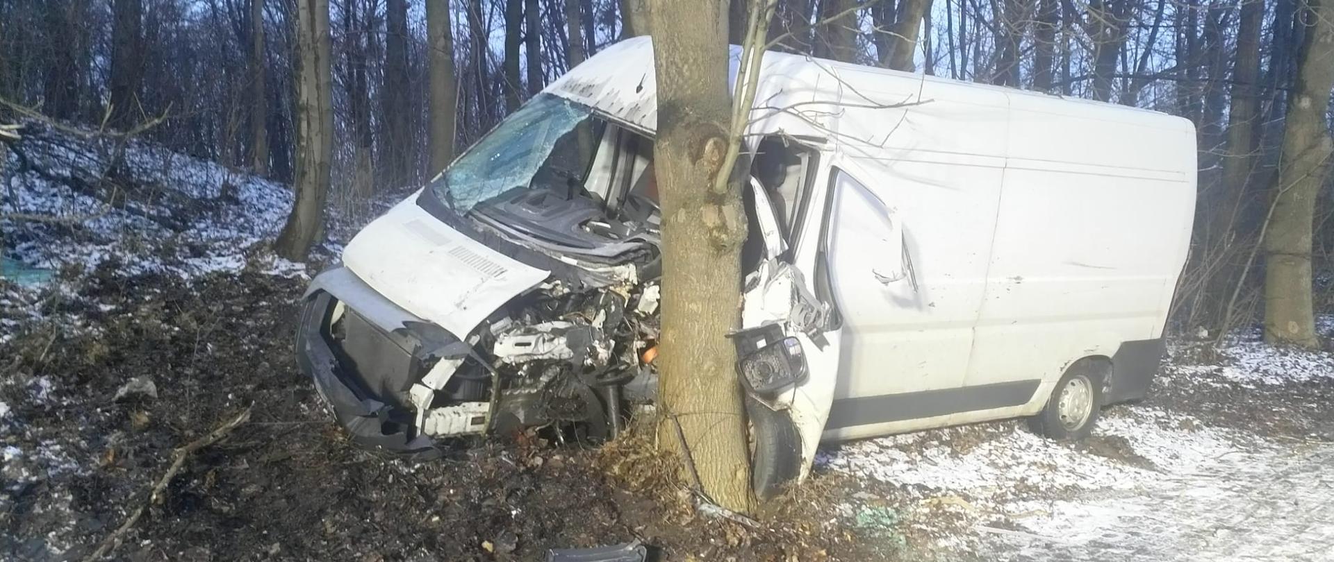 Zdjęcie przedstawia samochód dostawczy, który uderzył w drzewo