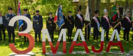 Fotografia przedstawia oficjalne uroczystości patriotyczne z okazji Święta Narodowego Trzeciego Maja, odbywające się w parku na tle zielonych drzew. Na pierwszym planie widnieje napis biało czerwony 3 maja, za nim ustawione są poczty sztandarowe.
