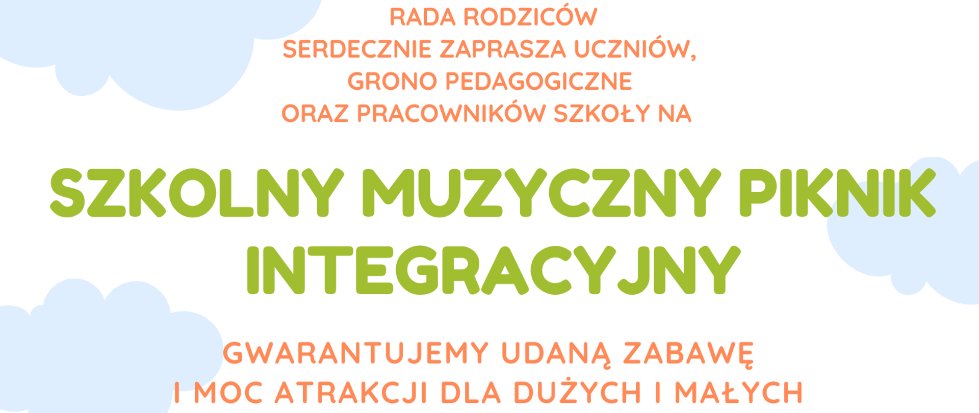 Plakat informujący o Szkolnym Muzycznym Pikniku Integracyjnym, który odbędzie się 18.06.2024 roku w godzinach 16:00-19:00 w Parku Feliksa. Tło plakatu stanowi grafika przedstawiająca bawiące się na łące dzieci. 