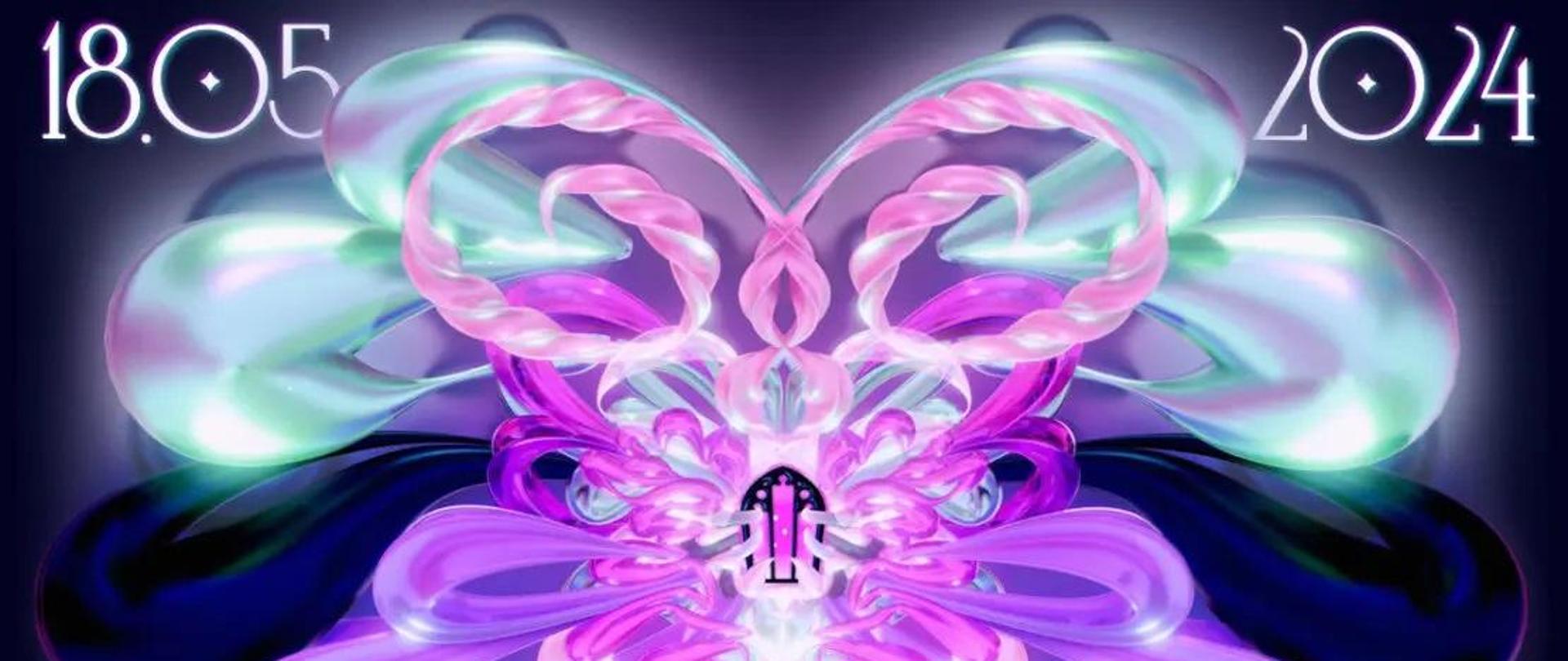 Grafika abstrakcyjna z różowymi elementami przypominającymi motyla, jest tez data 120.05.2024