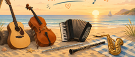 Ilustracja przedstawia piaszczystą plażę o zachodzie słońca. Na pierwszym planie, na piasku, ustawiono i ułożono instrumenty muzyczne: gitarę opartą o pień palmy, wiolonczelę, akordeon oraz leżące przed nimi flet, klarnet i saksofon. W tle widać spokojne morze, żaglówkę na horyzoncie oraz ciepłe, pomarańczowo-złote niebo. Z lewej strony rośnie palma, a po prawej znajdują się nadmorskie rośliny. Nad instrumentami umieszczono ozdobny napis „Zakończenie roku szkolnego”, otoczony prostymi ilustracjami nut i słońca. Całość utrzymana jest w lekkim, wektorowym stylu z ciepłą, wakacyjną kolorystyką, nawiązującą do muzyki i początku letnich wakacji.