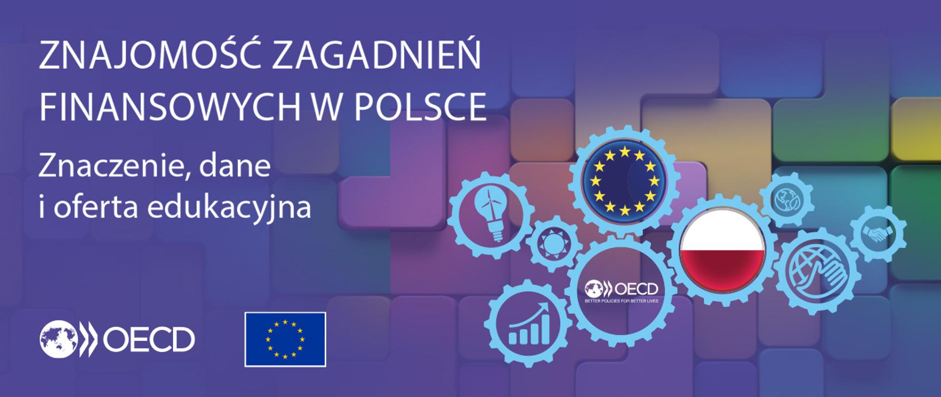 Napis Znajomość zagadnień finansowych w Polsce Znaczenie, dane o i oferta edukacyjna. Logo Polski, UE i OECD. 