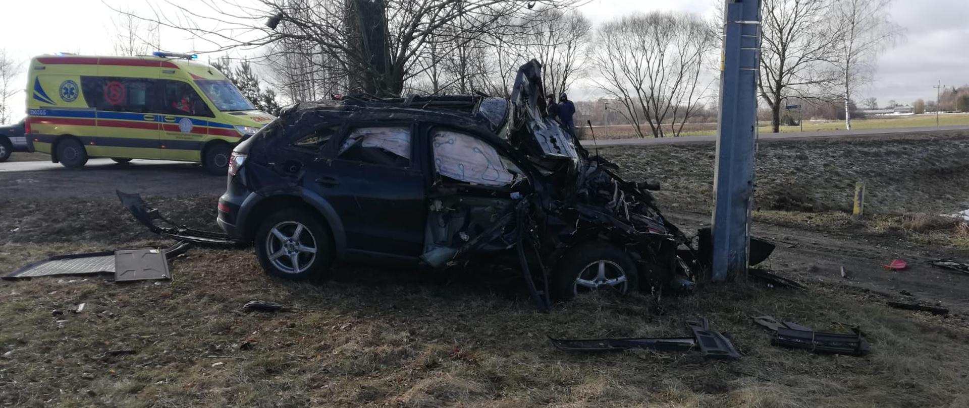 Na zdjęciu widoczny jest samochód osobowy po uderzeniu w drzewo oraz Zespół Ratownictwa Medycznego.