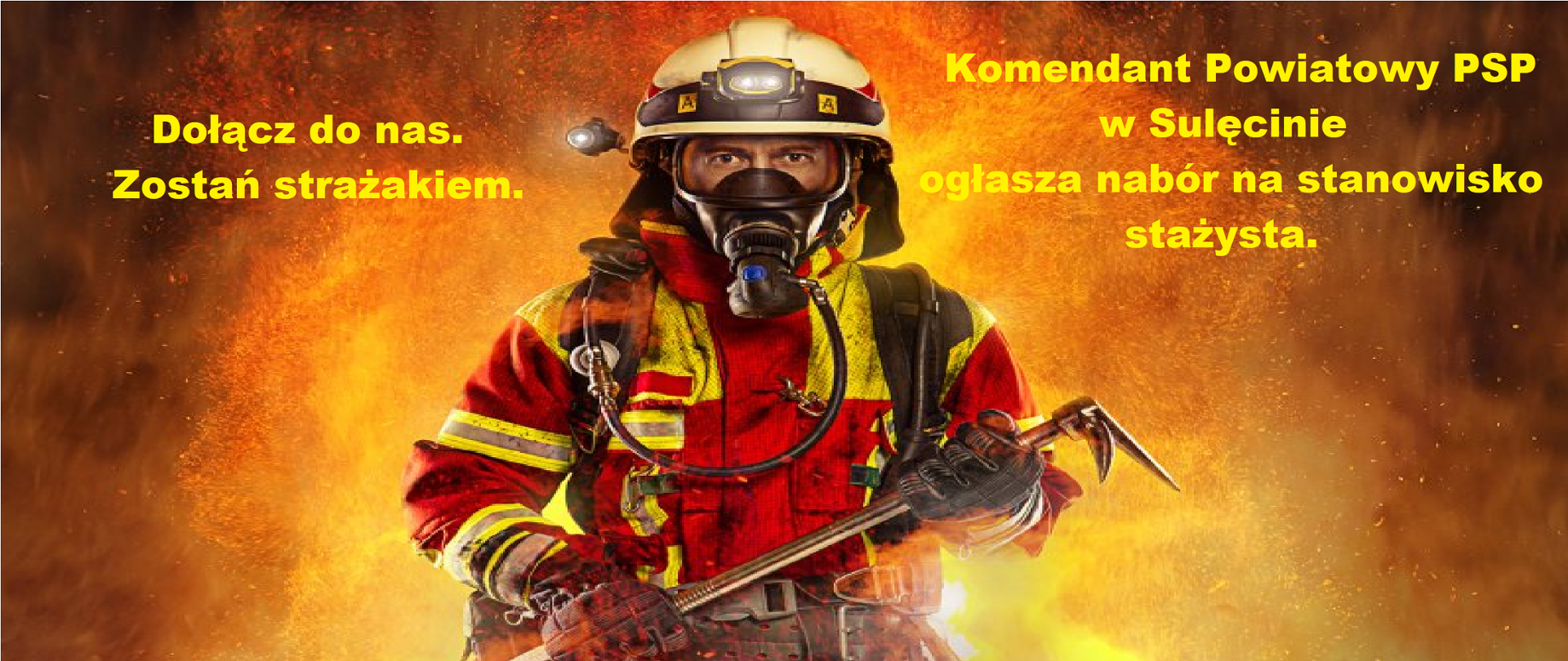 Zdjęcie przedstawia postać strażaka na tle płomieni.