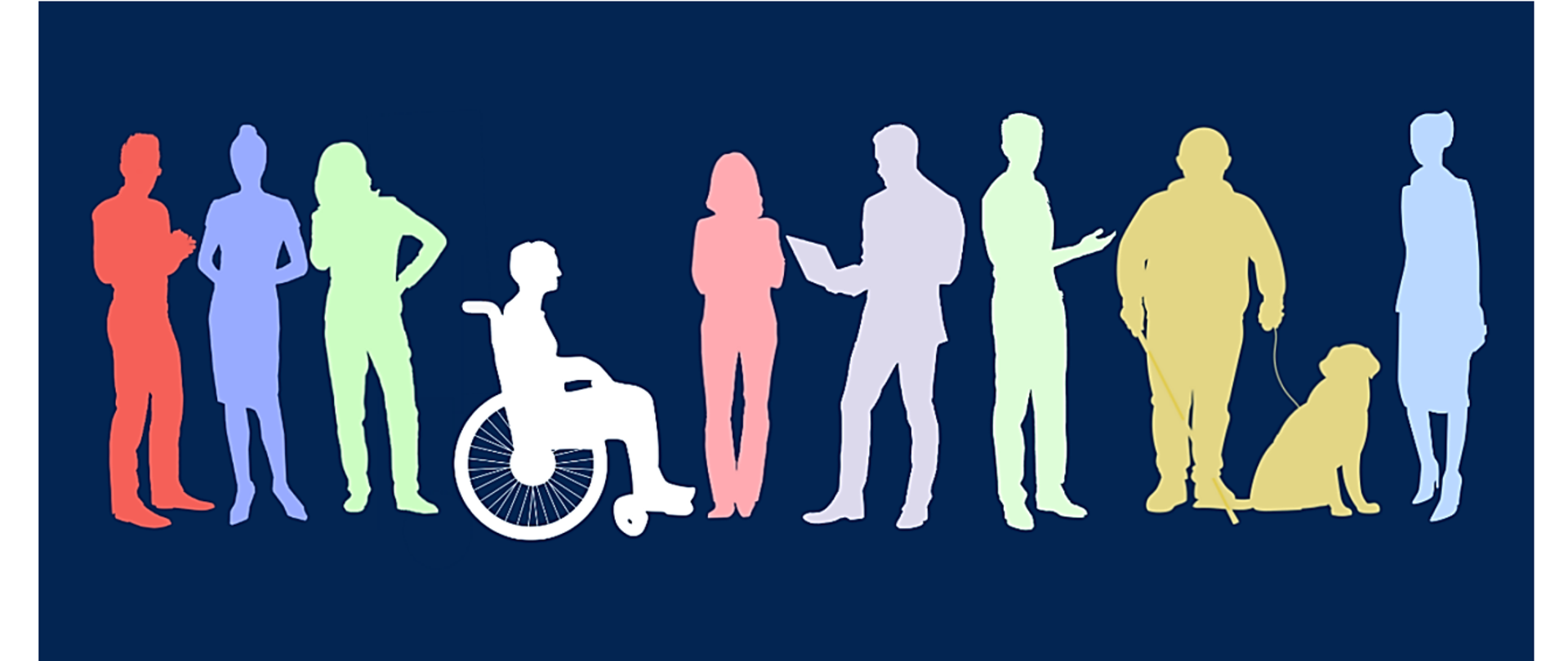 Baner, granatowe tło, na nim zarysy sylwetek ludzi, osoby niepełnosprawne, kolorowe postacie, jedna na wózku, jedna z psem przewodnikiem