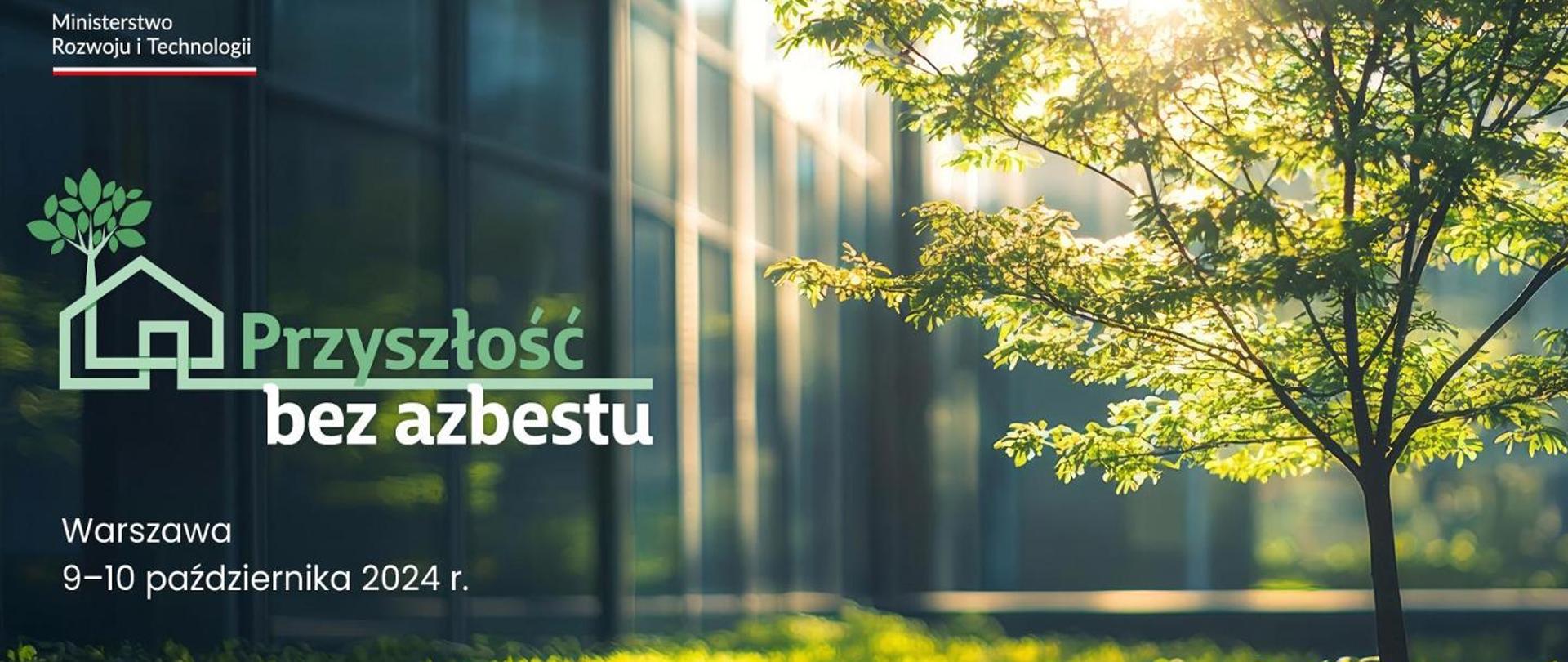 Obrazek przedstawiający zielone drzewo, symbol czystego powietrza i napis "Przyszlość bez azbestu."