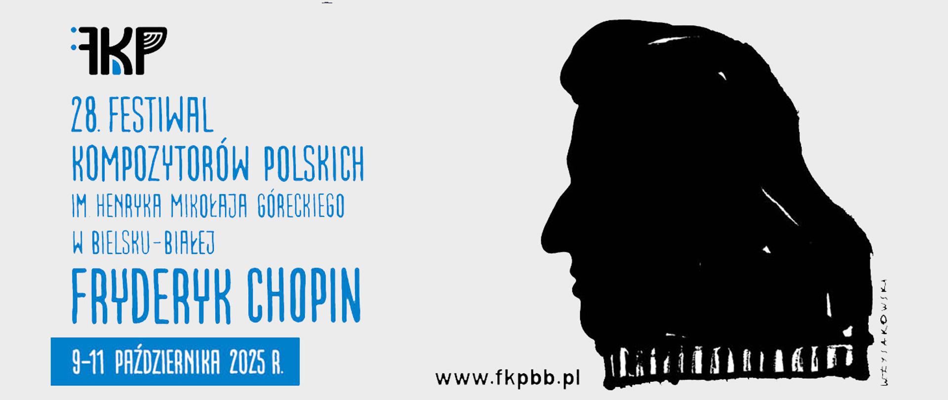 Grafika 28. Festiwal Kompozytorów Polskich, białe tło po prawej czarny obrys głowy M. Góreckiego po lewej niebiski napis 28. Festiwal Kompozytorów Polskich 