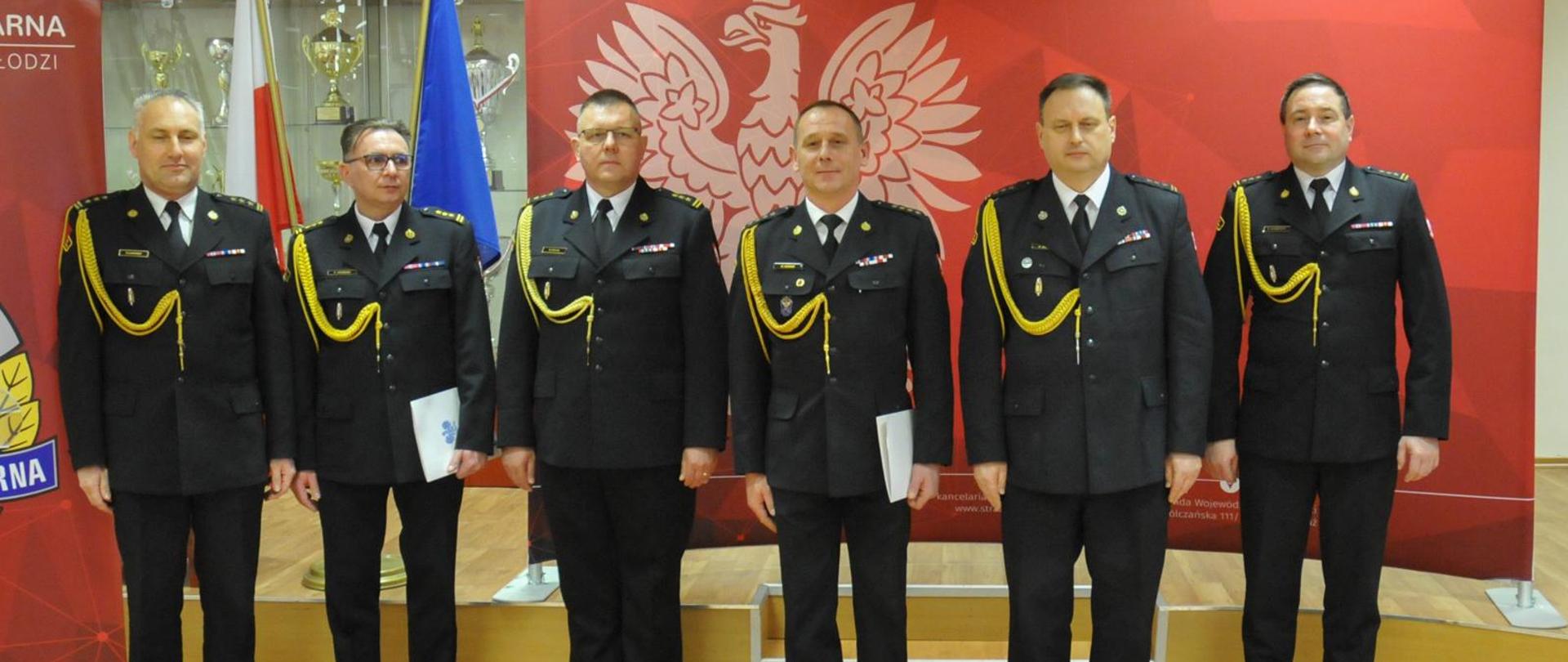 sześciu strażaków pozuje do zdjęcia w sali konferencyjnej 