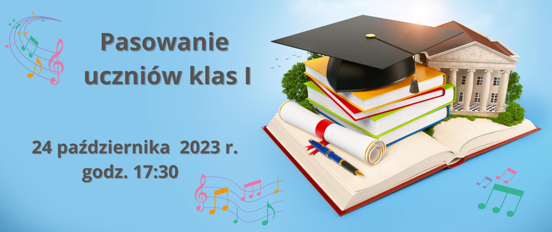 baner na niebieskim tle, w prawej części znajduję się ikonografia książek z biretem, budynkiem, po lewej stronie napisy, w tle nuty na pięciolinii 