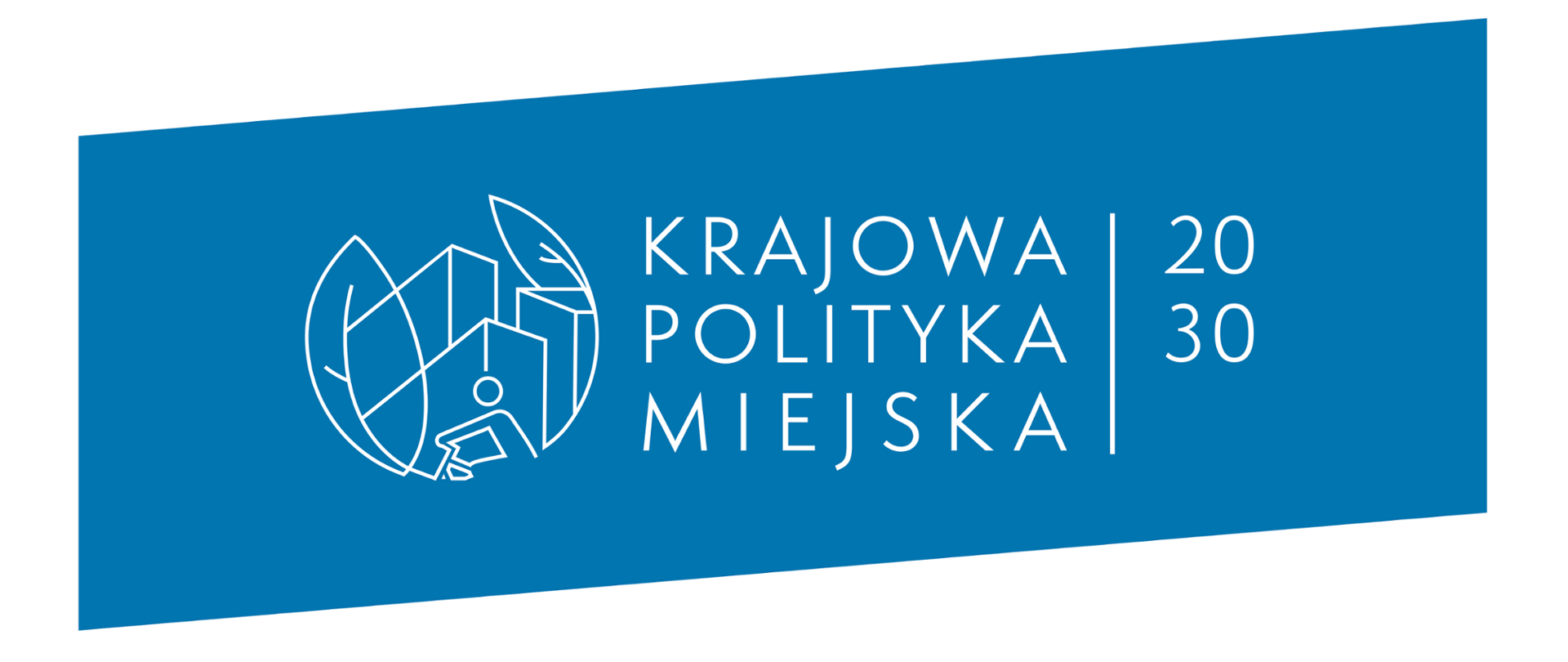 Logo Krajowej Polityki Miejskiej na niebieskim tle 