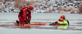 Dwóch ratowników w kaskach i specjalistycznych kombinezonach prowadzi ćwiczenia z ratownictwa lodowego na zamarzniętym zbiorniku wodnym. Jeden z nich leży na lodzie, podając specjalną deskę ratunkową osobie znajdującej się w przeręblu, drugi asekurujący utrzymuje kontakt i stabilizuje sprzęt. W tle widoczny jest zaśnieżony brzeg z kamieniami i suchą roślinnością.