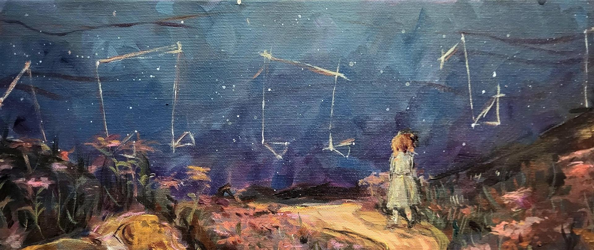 obraz, na pierwszym planie śpiąca dziewczynka, za nią polna droga, po obu stronach drogi kwietne łąki, na dalszym planie rozgwieżdżone niebo