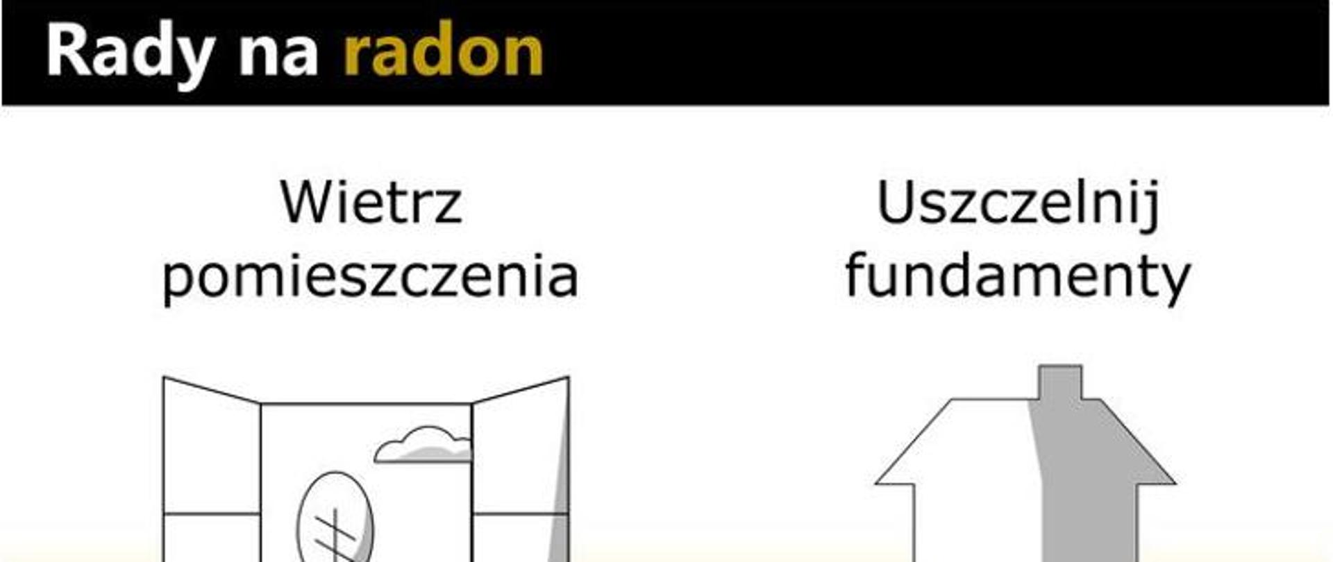 Na górze grafiki widnieje napis Rady na radon. Poniżej na białym tle po lewej stronie znajduje się zarys okna wraz z napisem Wietrz pomieszczenia. Po prawej stronie widnieje zarys domu wraz z napisem Uszczelnij fundamenty.