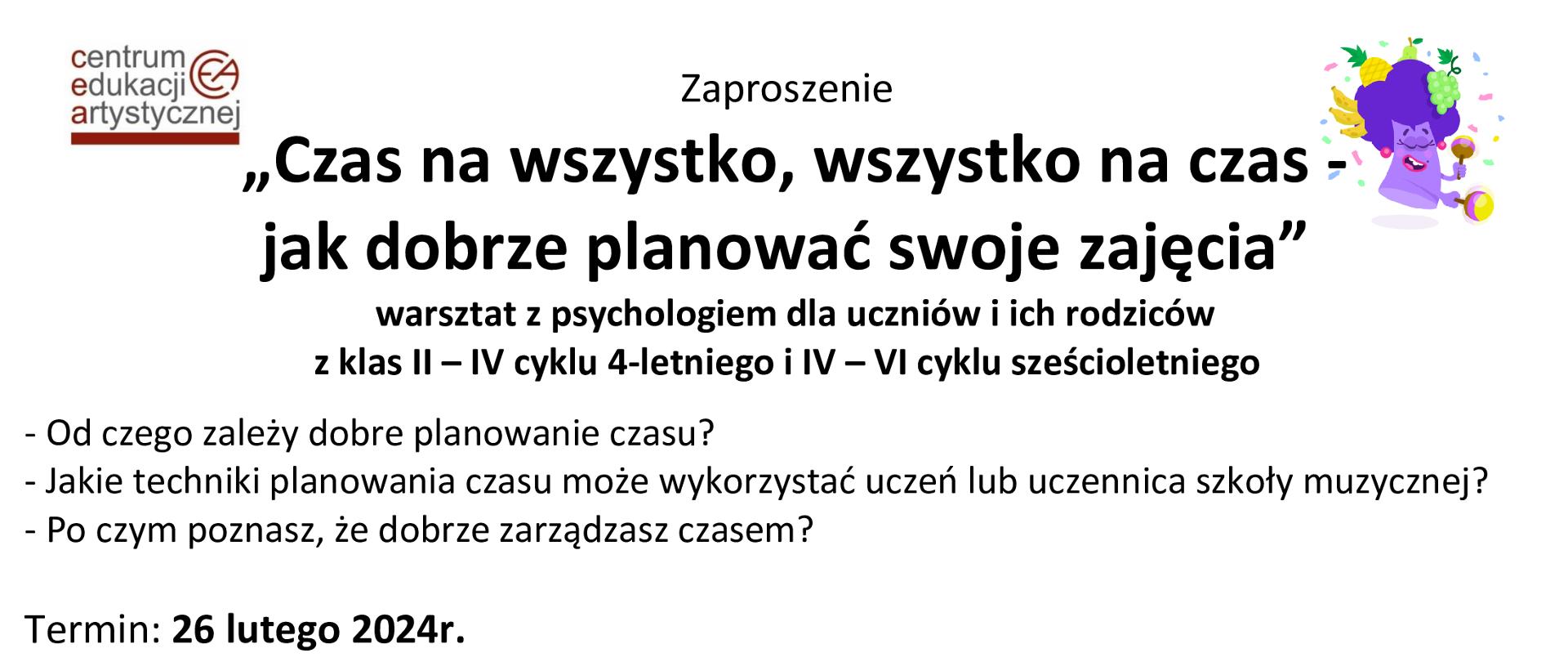 Plakat zapraszający na warsztaty 26.02.2024