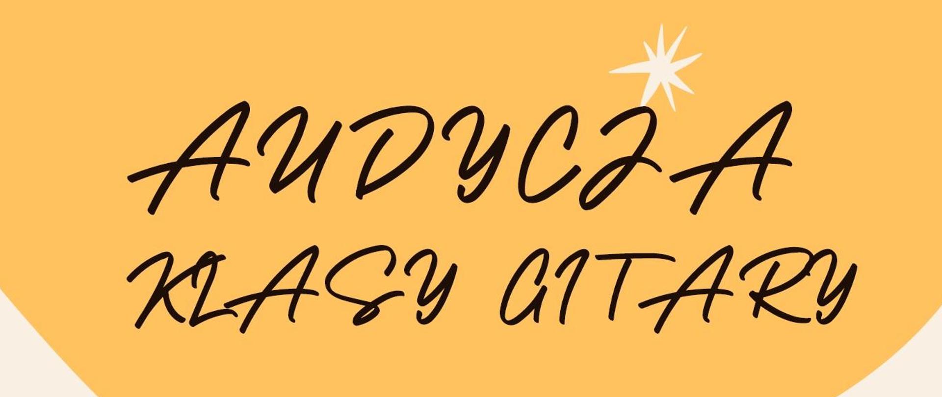 Białe tło, od góry tło jakby rozlana pomarańczowa plama. Od góry tekst Audycja Klasy gitary uczniów pani mgr Jadwigi Wołek Muzyczne serce dla mamy. Poniżej rysunek chłopca grającego na gitarze. W dolnym lewym roku tekst 23 maja 2024 godzina 16:00 aula PSM w Rabce Zdroju.