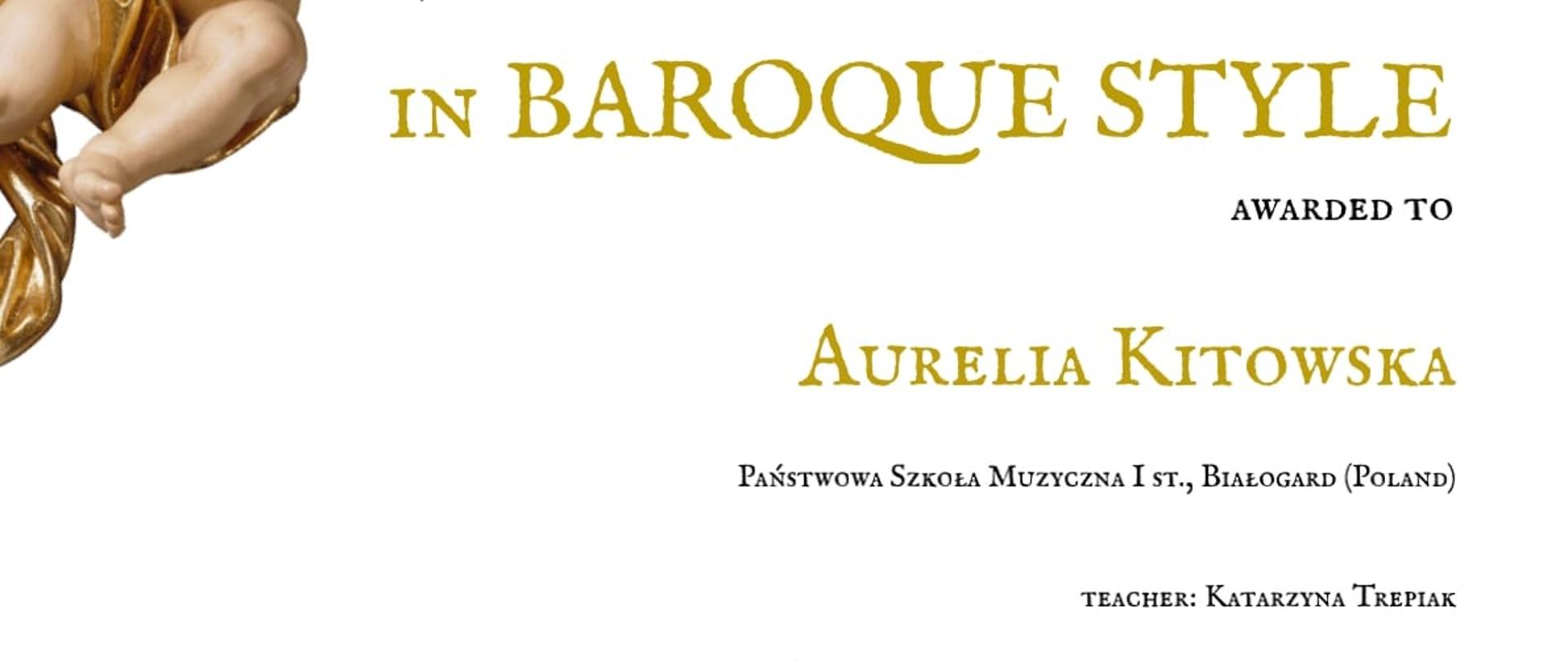 Dyplom z konkursu "W barokowym stylu" dla Aurelii Kitowskiej