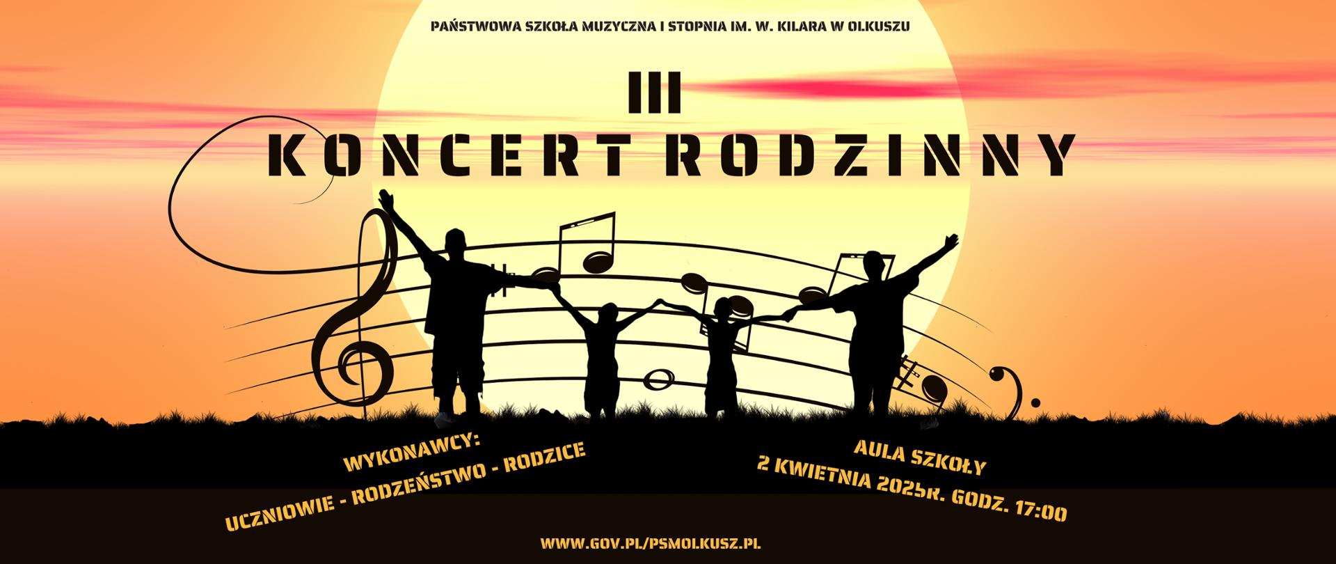 tło w kolorze żółtym , pięciolinia z nutami i kluczem wiolinowym, cienie rodziny stojącej na tle pięciolini, napisy "koncert rodzinny" w kolorach brązowym