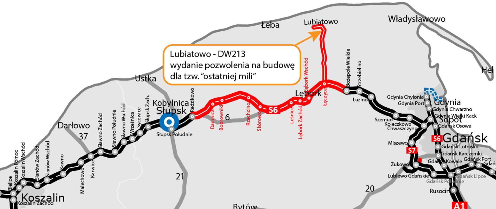 mapa przedstawiająca część województwa pomorskiego z niezaznaczonymi fragmentami dróg