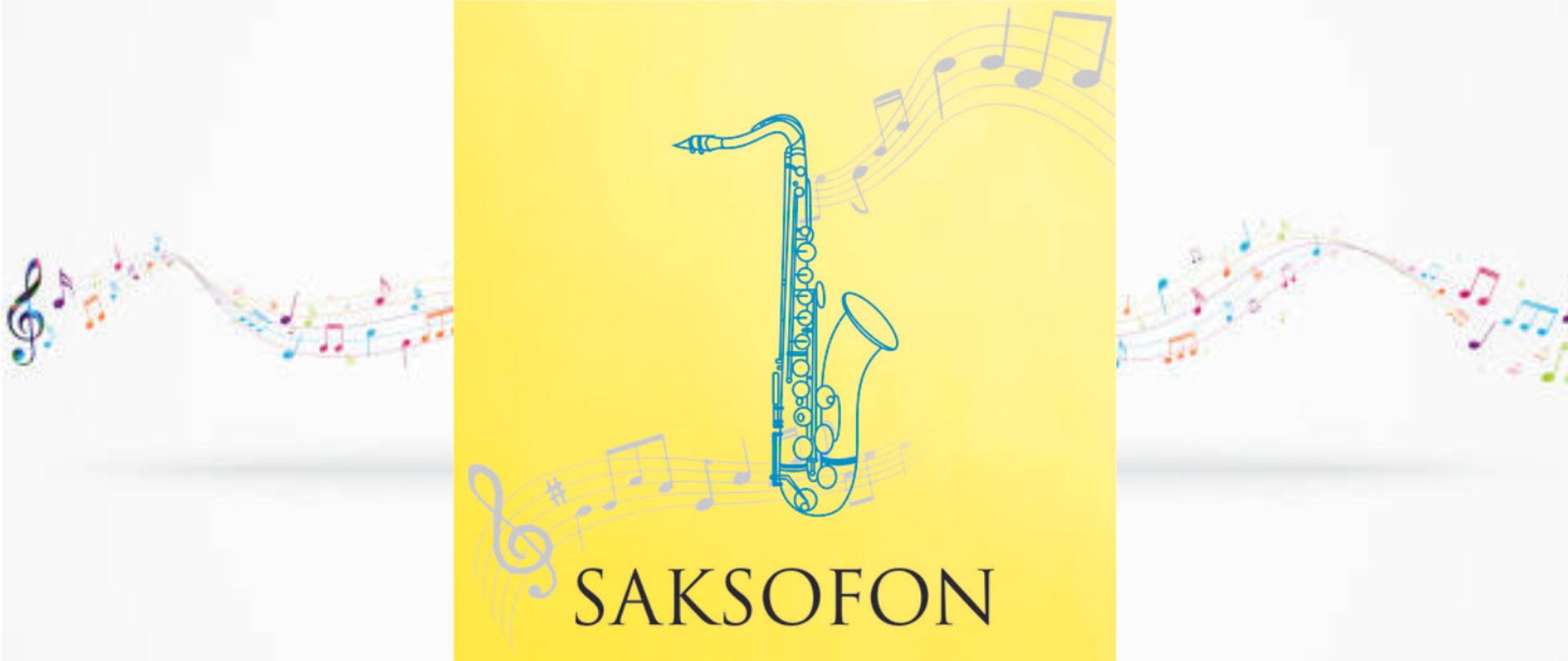 grafika przedstawiająca saksofon na tle nut , pod grafiką instrumentu napis saksofon