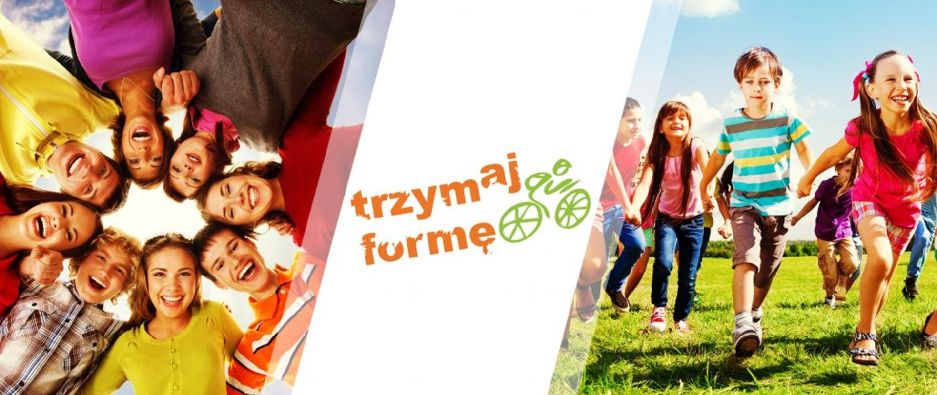 Grupa uśmiechniętych dzieci bawiących się na świeżym powietrzu oraz napis „Trzymaj formę!”, promujący aktywność fizyczną i zdrowy styl życia.