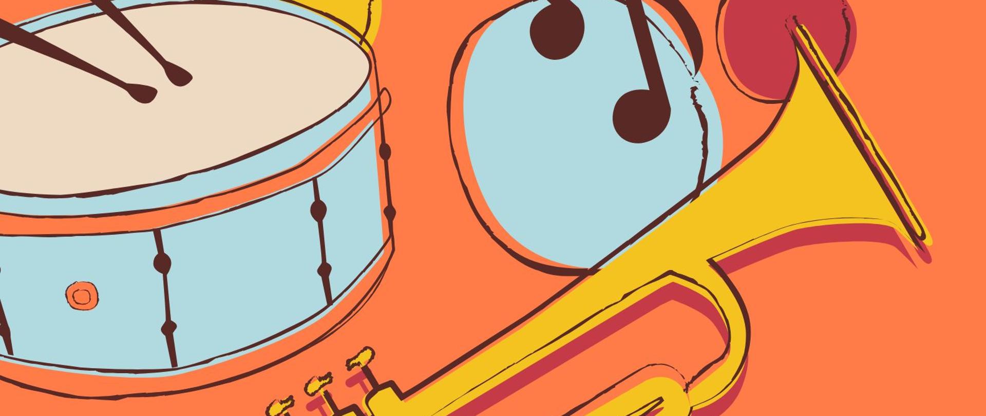 Plakat zapraszający na popis uczniów klasy trąbki organizowany przez Państwową Szkołę Muzyczną I stopnia im. A. Tansmana w Kępnie. Grafika utrzymana w jasnej, ciepłej kolorystyce beżu i pomarańczu. W górnej części umieszczony jest czytelny tytuł „Popis uczniów klasy trąbki”. Poniżej podane są informacje o prowadzących: nauczyciel Damian Chudy oraz akompaniament Mateusz Słowikowski. Na dole plakatu widoczna jest data i miejsce wydarzenia: 20 stycznia 2026 roku, godzina 17:00, sala koncertowa PSM I stopnia w Kępnie. Dolną część plakatu zdobią kolorowe ilustracje instrumentów perkusyjnych i trąbki oraz unoszące się nuty muzyczne.