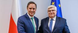 Wiceminister infrastruktury, pełnomocnik rządu ds. CPK Maciej Lasek z wiceministrem infrastruktury i mieszkalnictwa Portugalii Hugo Espírito Santo