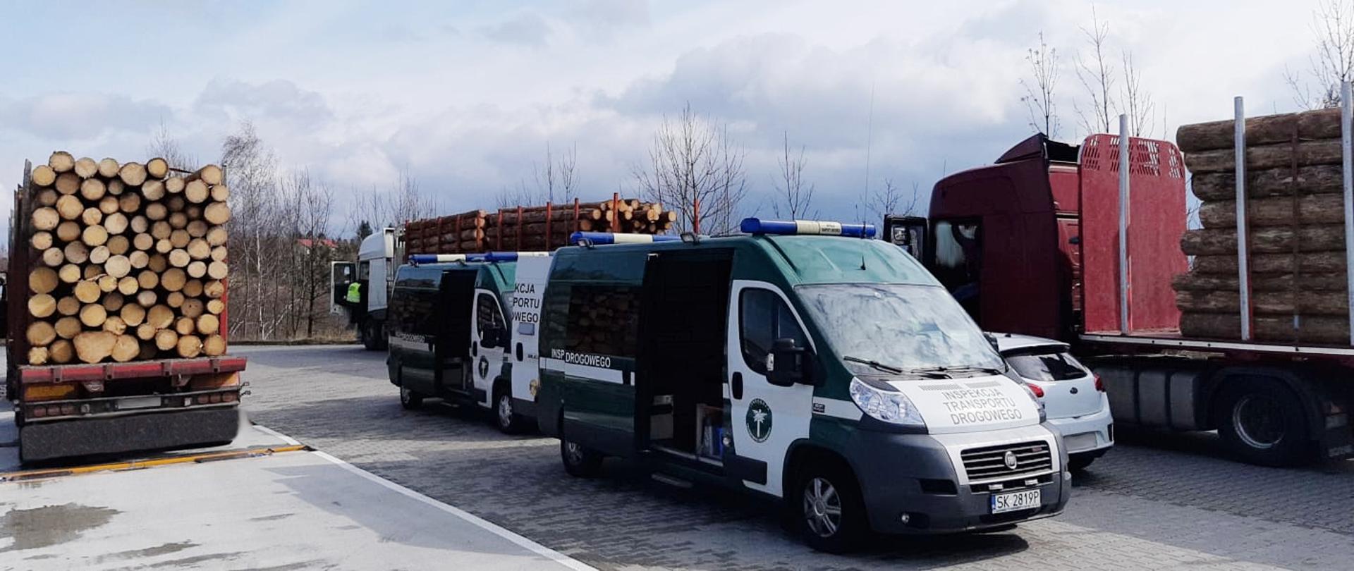 Kontrola inspektorów śląskiej Inspekcji Transportu Drogowego. W centrum dwa inspekcyjne furgony, po lewej (jeden) i po prawej (dwa) pojazdy ciężarowe załadowane drewnem.