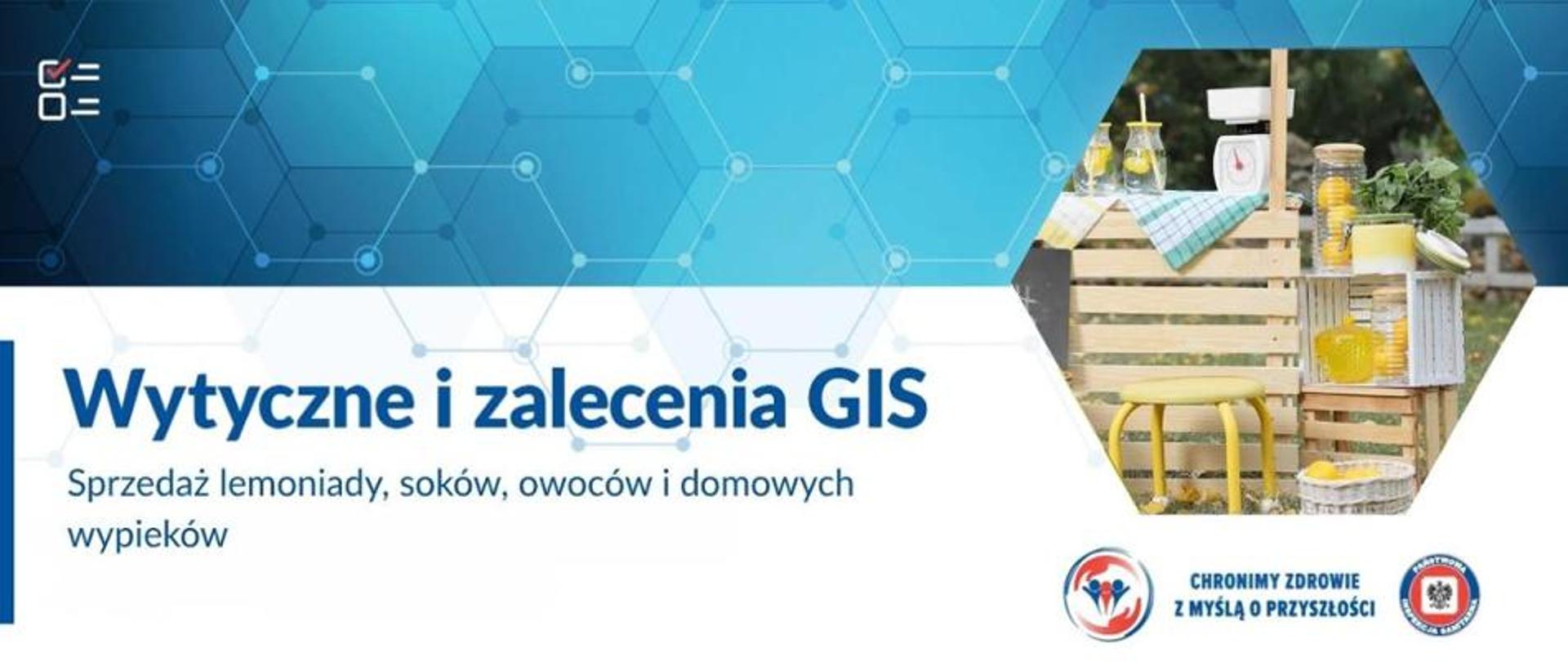 Grafika z napisem „Wytyczne i zalecenia GIS – Sprzedaż lemoniady, soków, owoców i domowych wypieków”. Po prawej stronie widoczne jest stoisko z napojami i owocami oraz logotypy GIS i hasło „Chronimy zdrowie z myślą o przyszłości