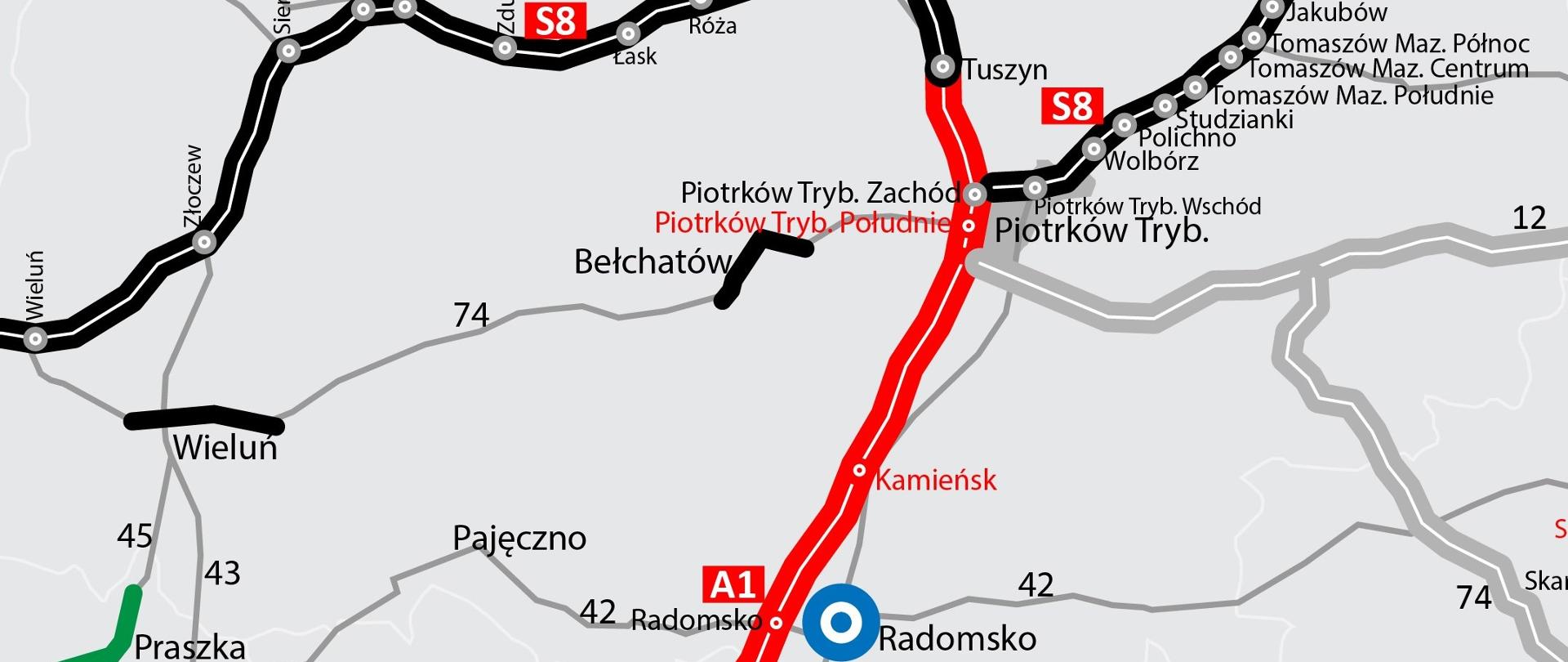 A1 Tuszyn - Częstochowa - mapa