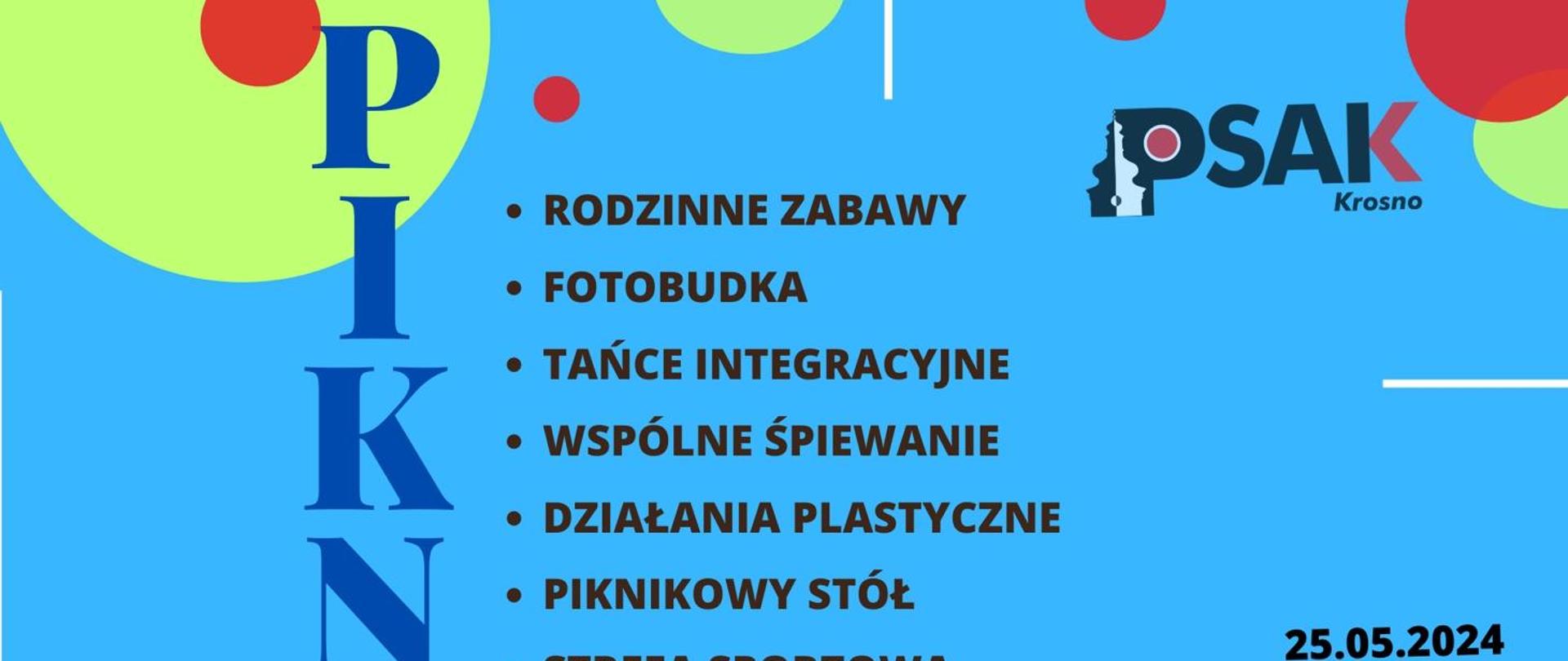 Plakat informujący o Pikniku w Studium. Na niebieskim tle umieszczone są informacje o pikniku. 