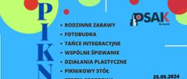 Plakat informujący o Pikniku w Studium. Na niebieskim tle umieszczone są informacje o pikniku. 