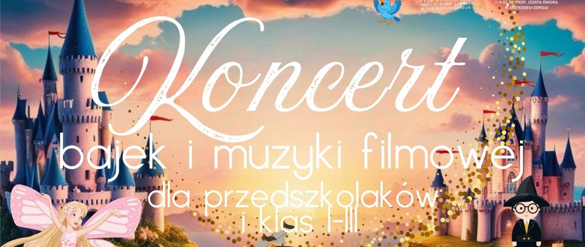 Plakat informacyjny dotyczący koncertu bajek i muzyki filmowej odbywającego się w dniu 20.03.2025 o godz. 10.00.