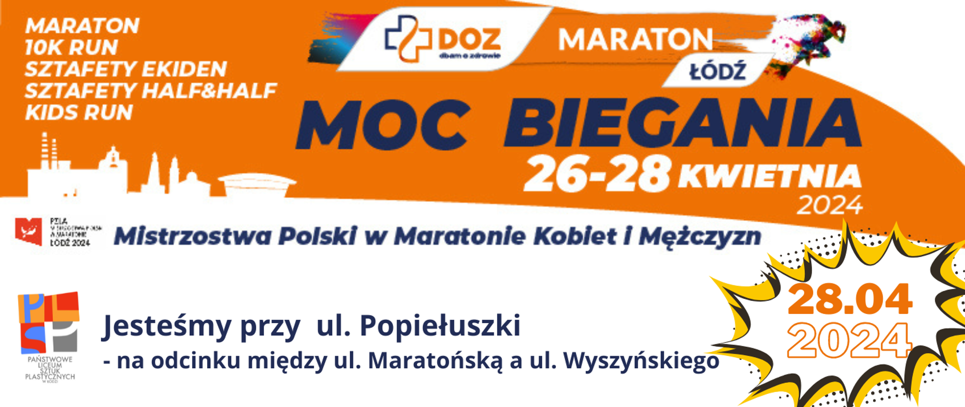 Wielobarwna grafika informująca o Mistrzostwach Polski w Maratonie Kobiet i Mężczyzn organizowanym przez DOZ. PLSP jest przy ul. Popiełuszki - na odcinku między ul. Maratońską a ul. Wyszyńskiego