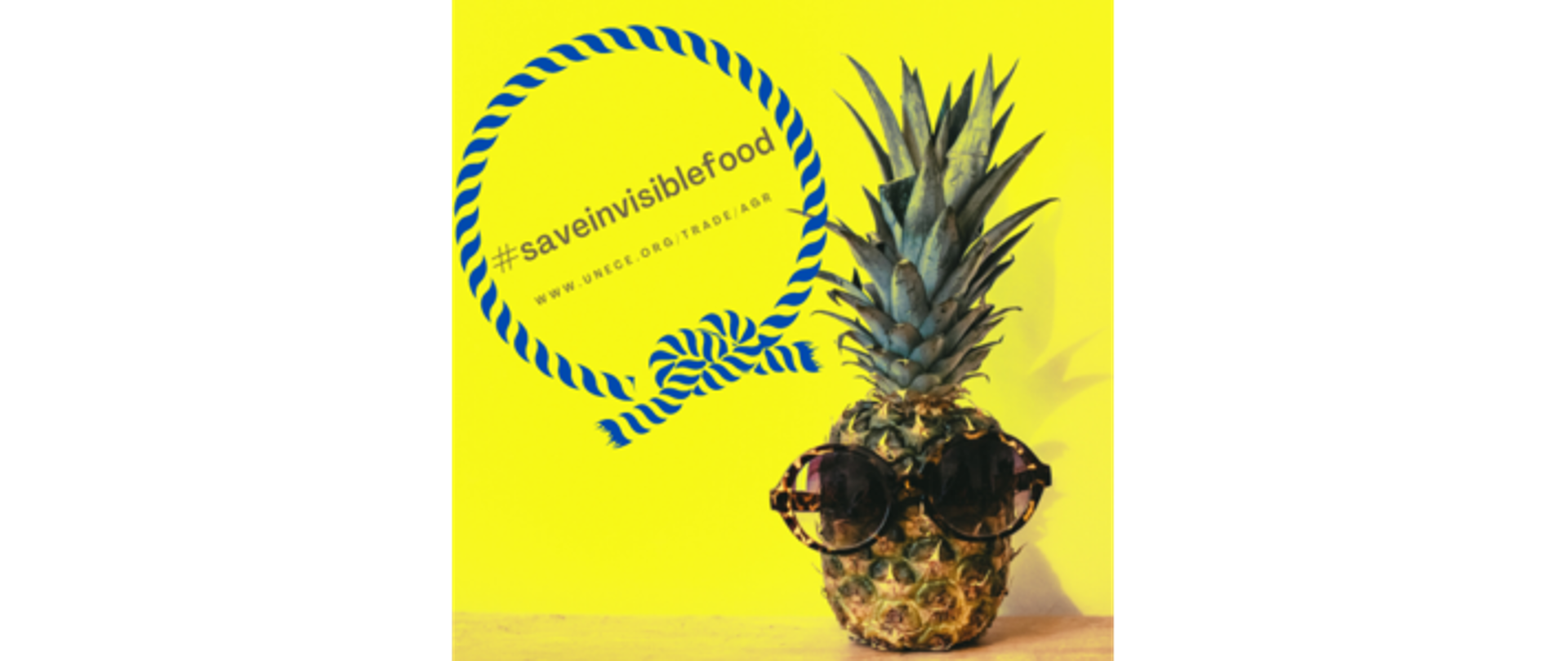 Z prawej strony zdjęcia znajduje się ananas, w lewym górnym rogu okrąg z napisem w środku #saveinvisiblefood oraz adresem strony www.unece.org/trade/agr