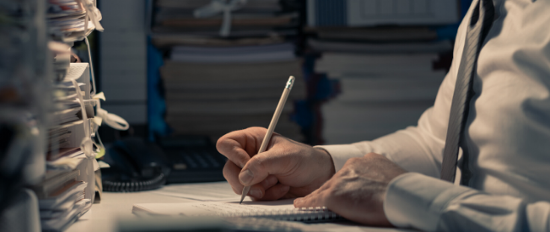 Mężczyzna w białej koszuli pisze w notesie ołówkiem