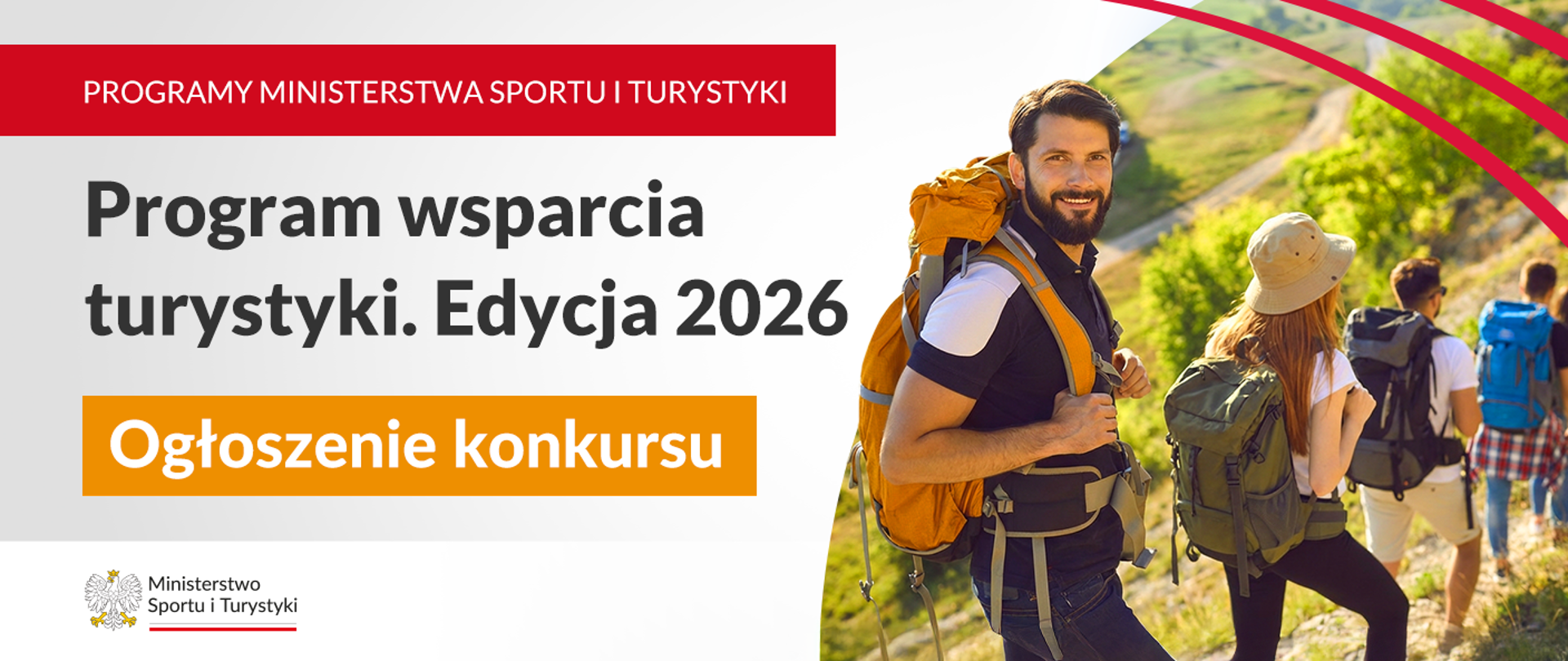 Grafika programu wsparcia turystyki. Po prawej stronie zdjęcie wycieczki pieszej w górach. Po lewej stronie nazwa programu. Na dole na białej apli logo ministerstwa