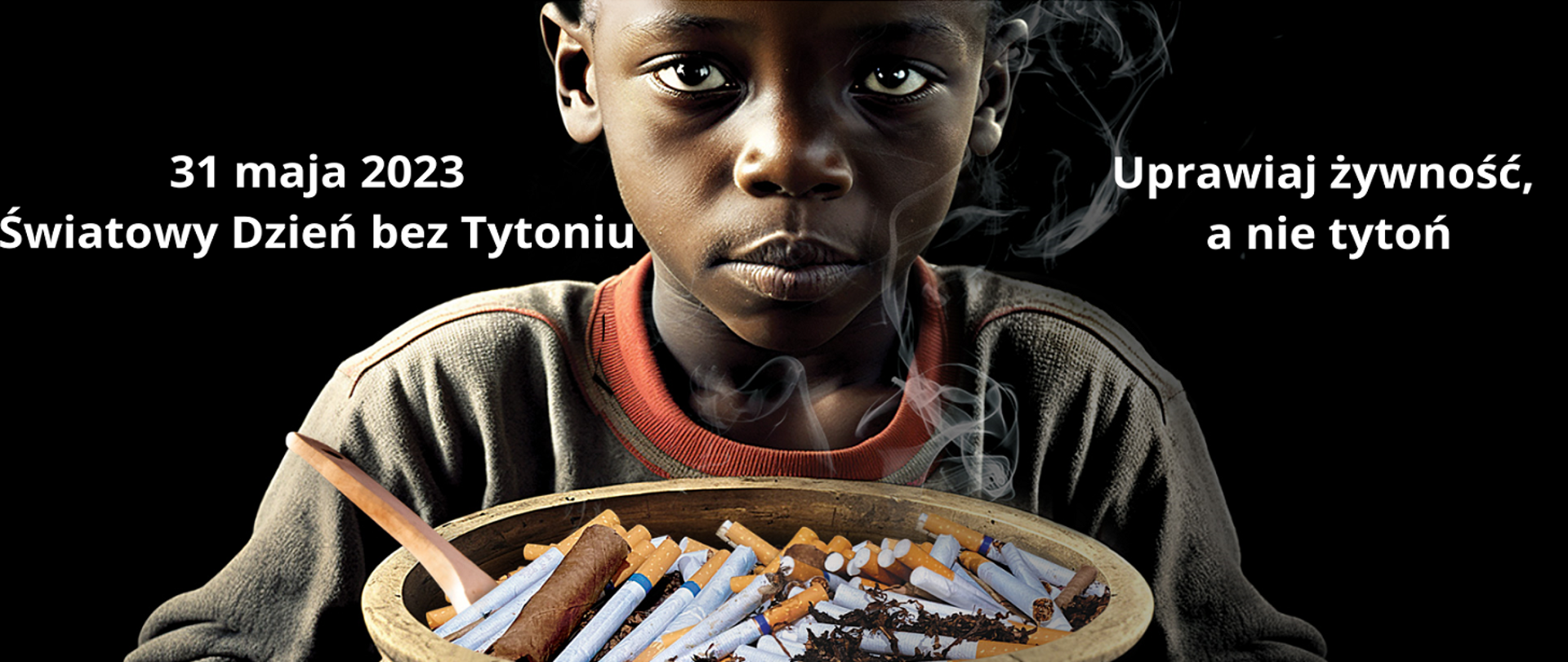 Zdjęcie czarnoskórego chłopca, przed którym znajduje się miska na jedzenie, ale zamiast pokarmu jest w niej mnóstwo papierosów i cygarów. Na czarnym tle widnieje napis: Światowy Dzień bez Tytoniu 2023 - Uprawiaj żywność, a nie tytoń.