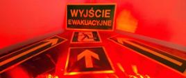 zdjęcie przedstawia znaki wyjścia ewakuacyjnego i magnetyczne pomarańczowe światła ostrzegawcze.