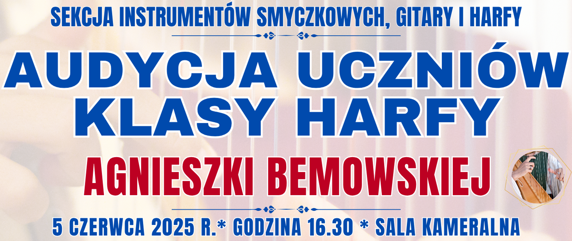 baner z półprzezroczystymi strunami harfy oraz informacja o wydarzeniu