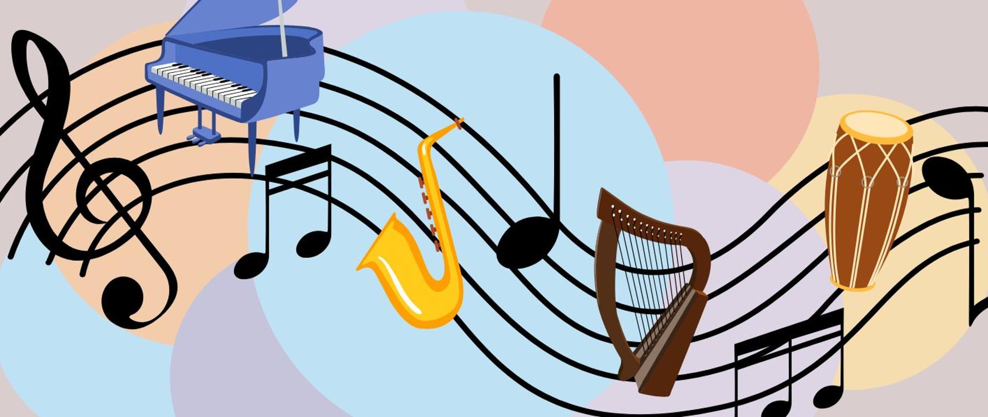 Na kolorowym tle umieszczone są grafiki instrumentów oraz informacje dotyczące wydarzenia.