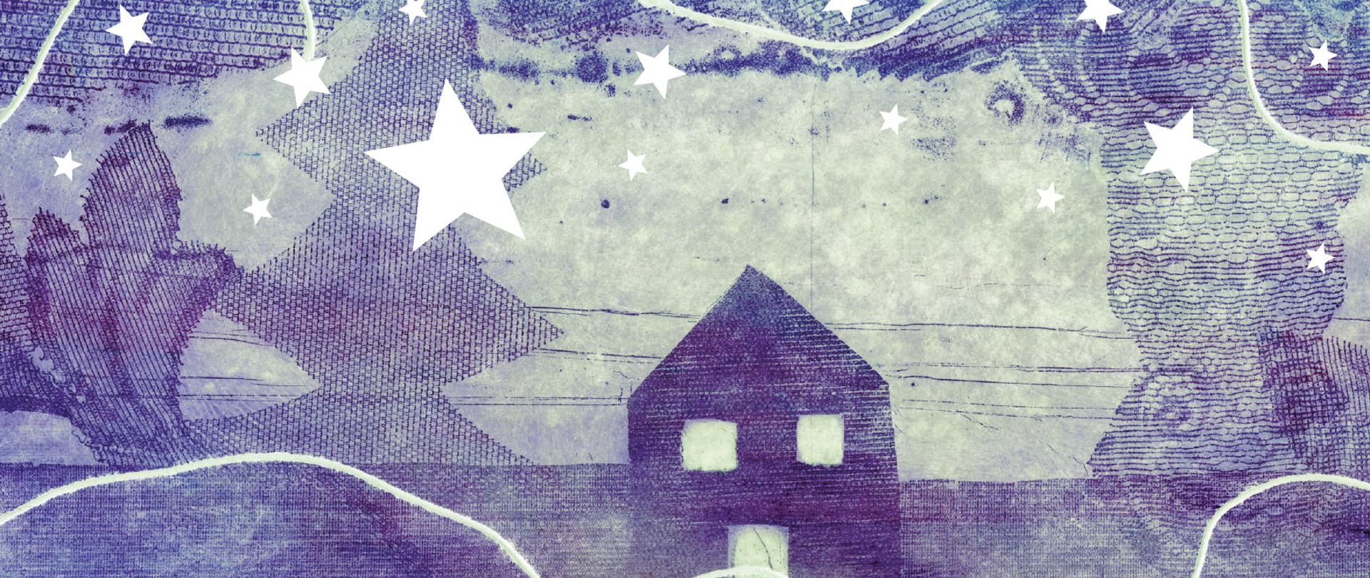 Grafika przedstawia stylizowaną, nocną scenę w odcieniach granatu i fioletu z małym domem na środku oraz jasnymi gwiazdami na niebie, nawiązującą do świątecznej atmosfery. Na obrazie znajduje się także logo Państwowego Liceum Sztuk Plastycznych w Łomży oraz tekst z życzeniami bożonarodzeniowymi i noworocznymi