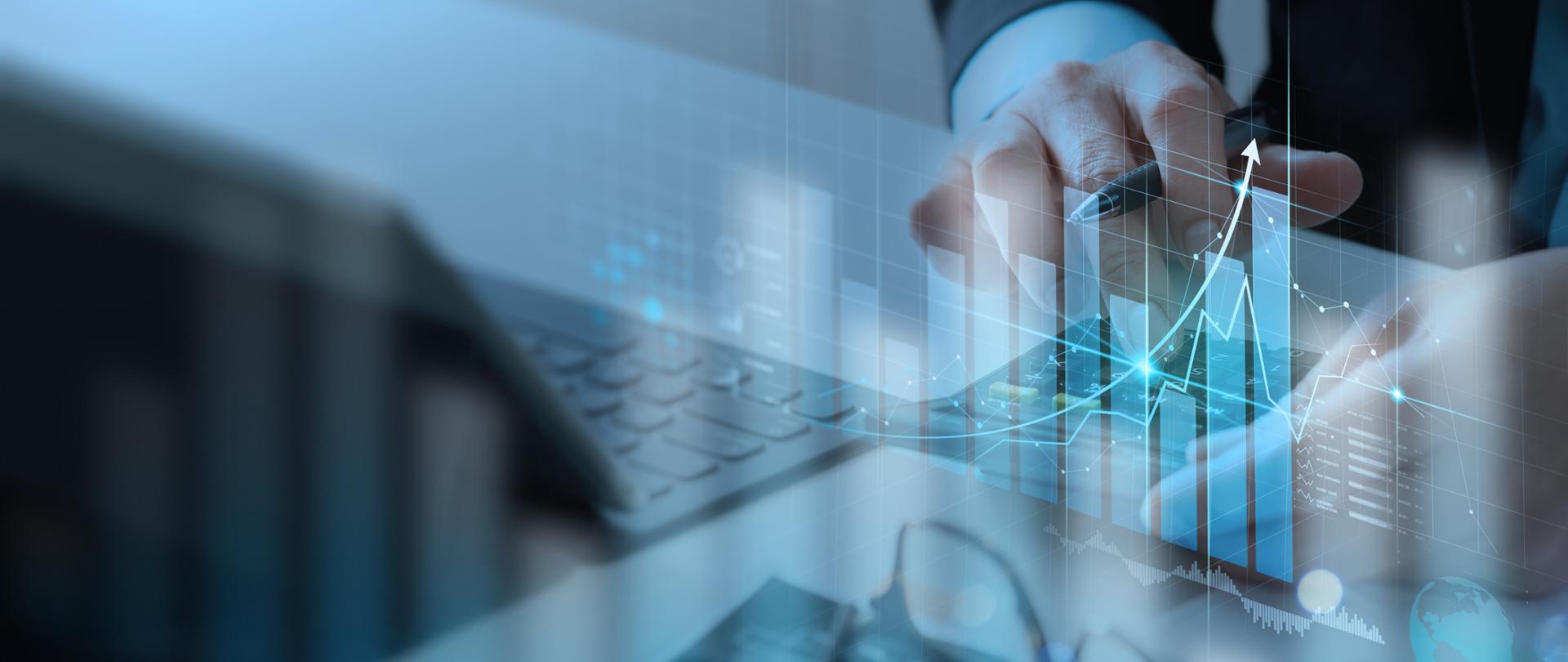 Businessman working with modern computer calculator virtual dashboard analyzing finance sales data and economic growth graph chart and account report technology.