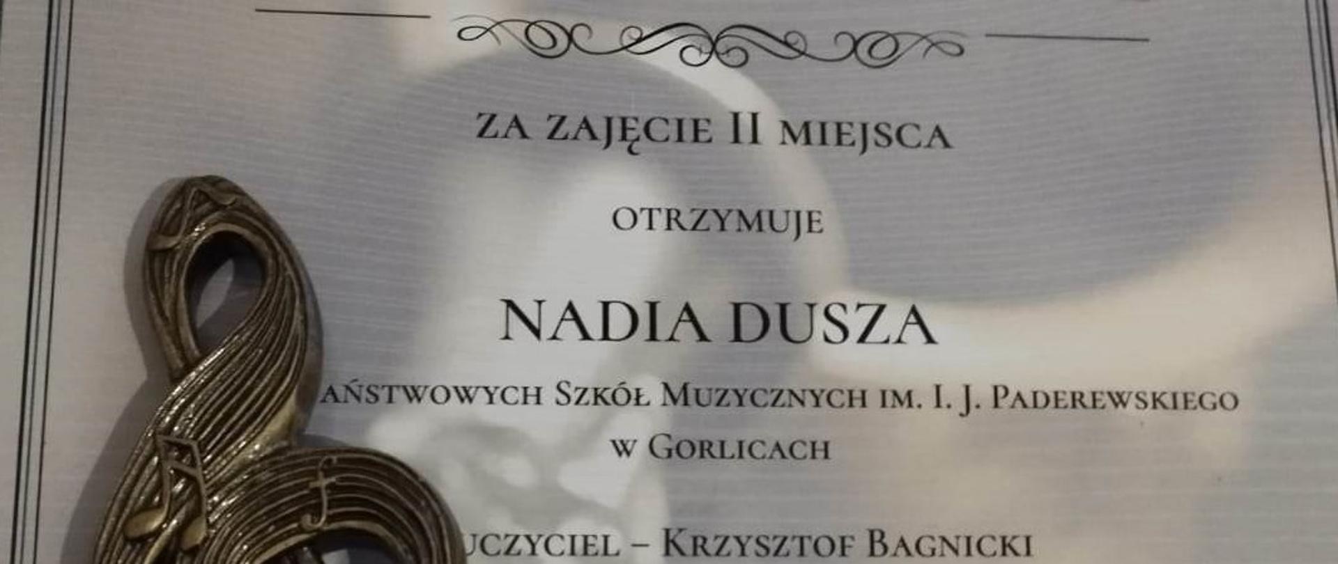 Dyplom za II Miejsce dla Nadii Duszy na konkursie saksofonowym w Jaworznie. 