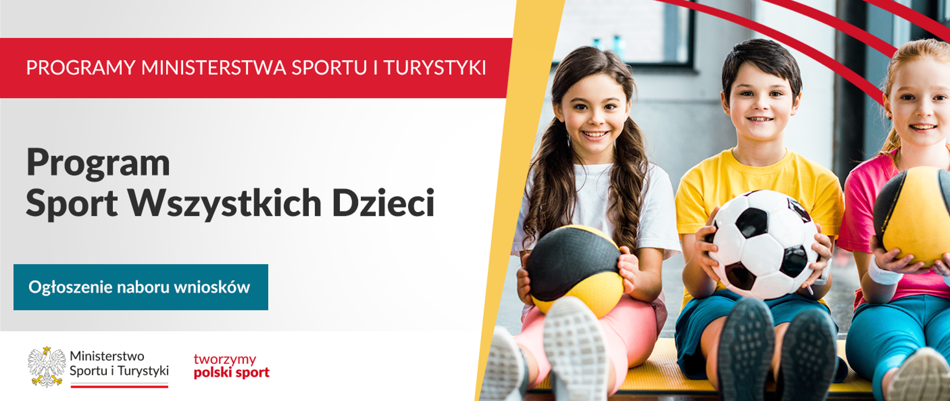 grafika programu sport wszystkich dzieci. Na zdjęciu są siedzące dzieci, które trzymają piłki sportowe