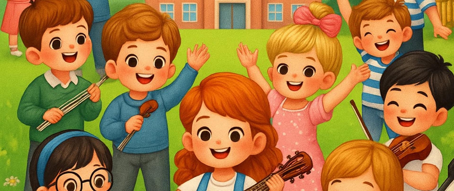 Zakończenie roku szkolnego grafika przedstawia radosne muzykujące dzieci na dziedzińcu przed szkolą
